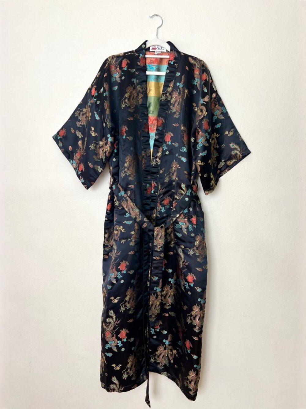 Vintage 100% Silk Brocade Phoenix Playing with Peonies Chinese Duster Robe Sz M